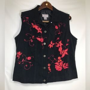 Tanjay Womens Black Vest Red Embroidery Sz 14